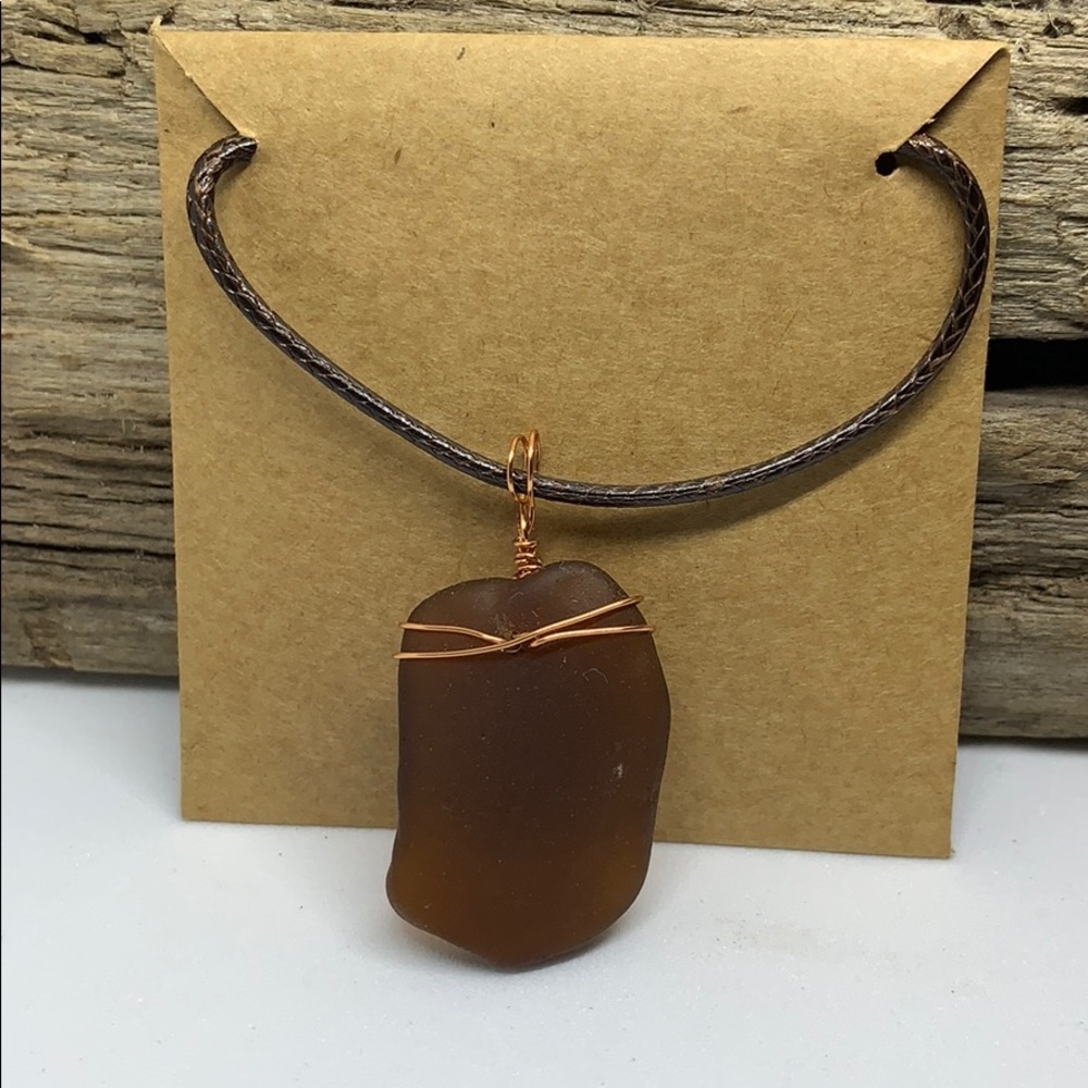 Genuine brown sea glass pendant copper wire wrap